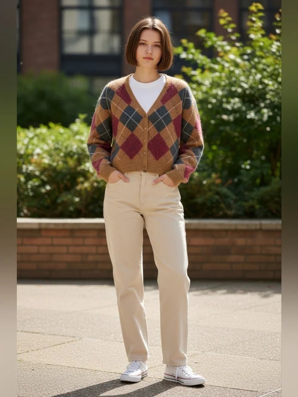 ZARA Women's Argyle V-Neck Cardigan with Green and Red Diamonds Size Medium